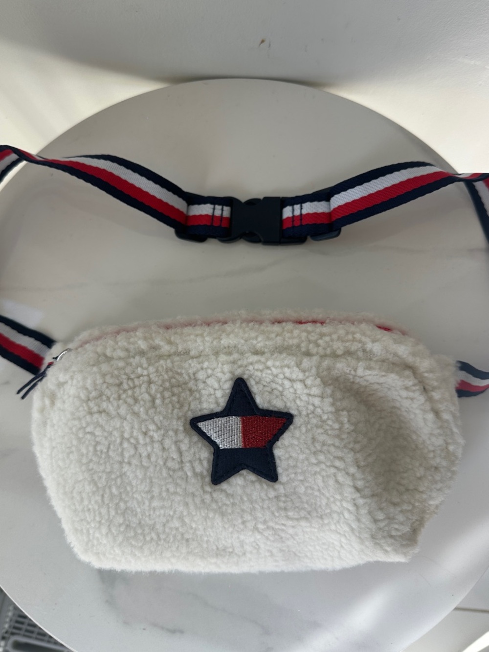 TOMMY HILFIGER Sherpa Star Belt Bag in Cream Red & Blue Fleece Crossbody Y2K